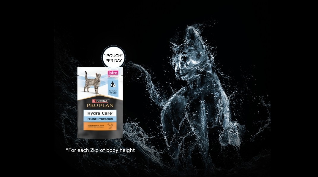 Packaging of Pro Plan Hydra Care wet food, featuring a background illustrating a cat shaped from water, promoting increased daily water intake.