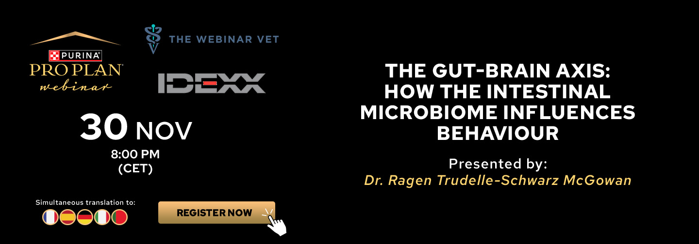 Purina Pro Plan webinar banner for “The Gut-Brain Axis: How the Intestinal Microbiome Influences Behaviour,” with event date 