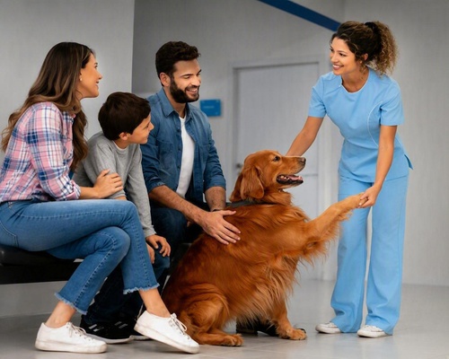 Family and dog during a veterinary clinic visit