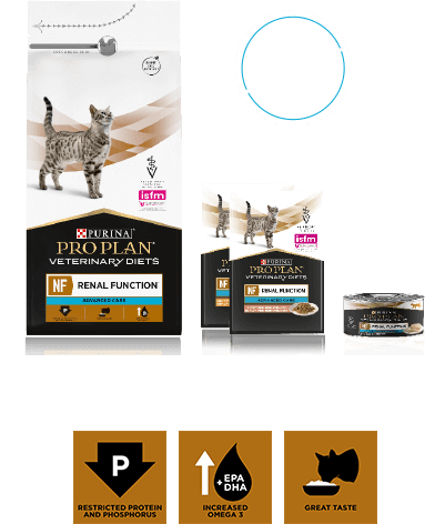 Packaging of Purina Pro Plan Veterinary Diets NF Renal Function Advanced Care, featuring dry and wet food for IRIS stages 3 and 4.