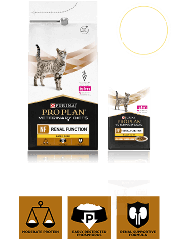 Packaging of Purina Pro Plan Veterinary Diets NF Renal Function Early Care, featuring dry and wet food for IRIS stages 1 and 2.