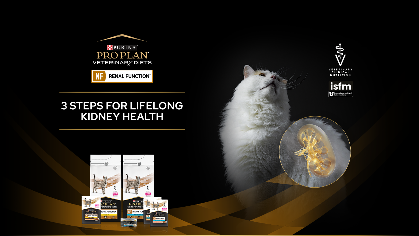 Purina Pro Plan Veterinary Diets NF Renal Function products for cats with a cat and kidney health graphic
