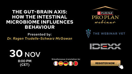 Purina Pro Plan webinar banner for “The Gut-Brain Axis: How the Intestinal Microbiome Influences Behaviour,” with event date